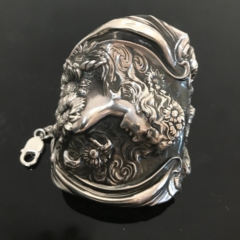 Antique Unger Bros Sterling Silver Cuff Bracelet Victorian 925 Lady Face - Picture 5 of 9